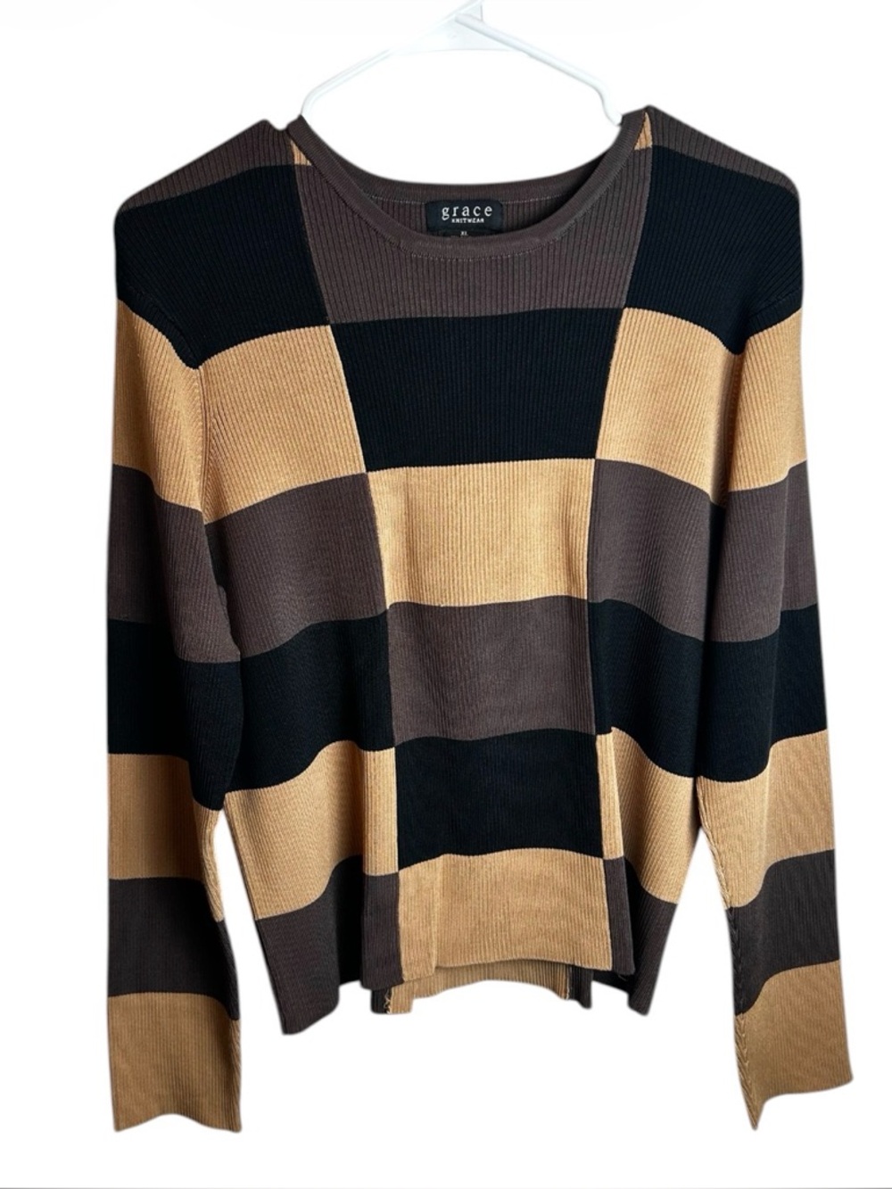 Vintage Grace Knitwear Colorblock Checkered Sweater Tan Brown Black Bratz Y2K XL